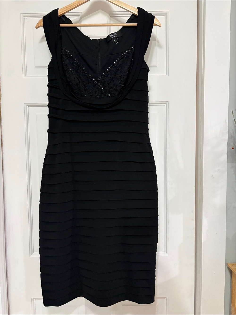 Tadashi Shoji Black Sleeveless Tiered Midi Dress with Embellished Bodice